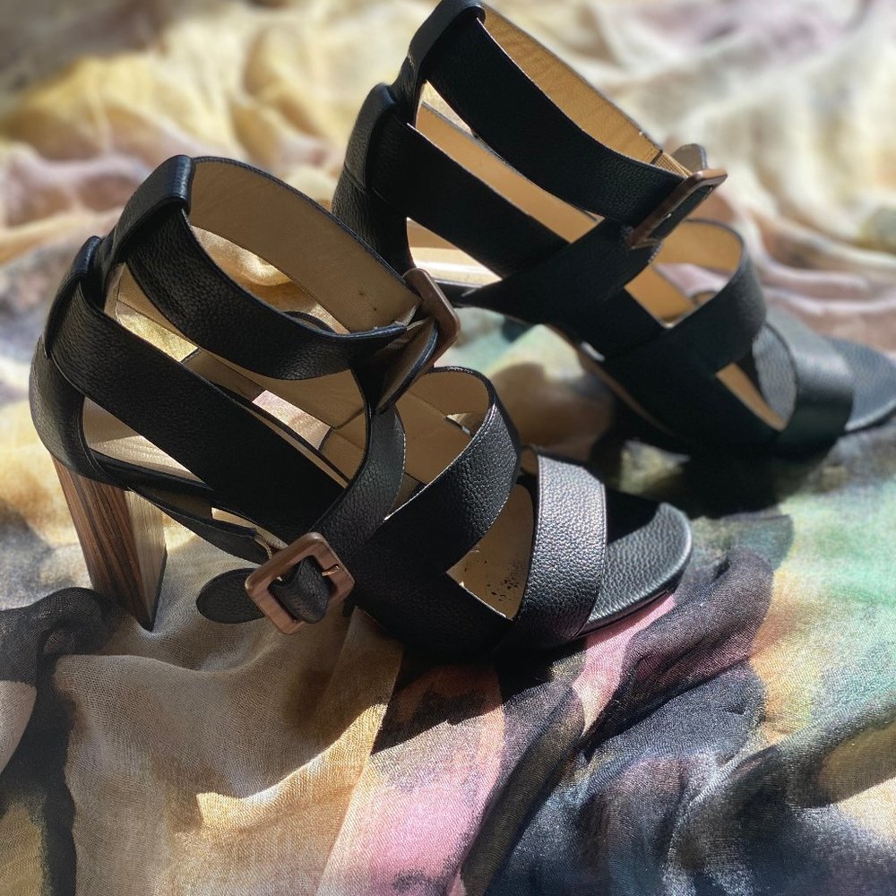 Jimmy Choo Black Leather Maya Block Heel Sandals